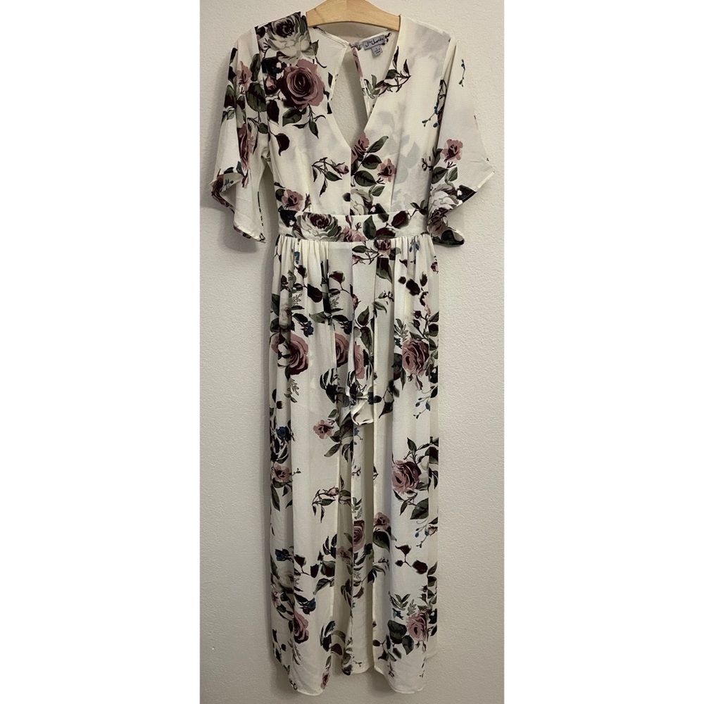 J FOR JUSTIFY‎ Floral Romper Long Maxi Dress Open Back w/Tie Cottagecore Small